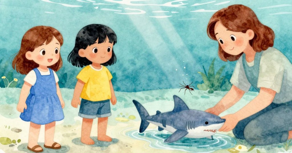 在透明水面下, 玩具鯊魚靜靜漂浮, 一隻水黽迅速滑過, 呈現水中奇妙光影效果