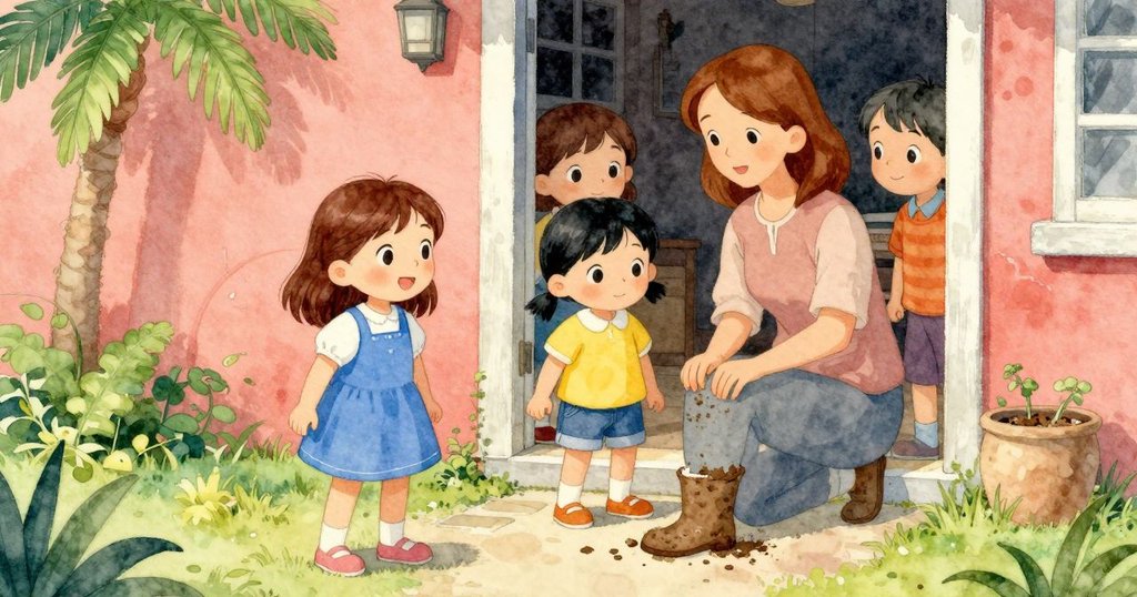 Marisol注視著事件, 成人細心地清理靴子泥土, Keira在門口好奇觀望, 展現家人間的互動