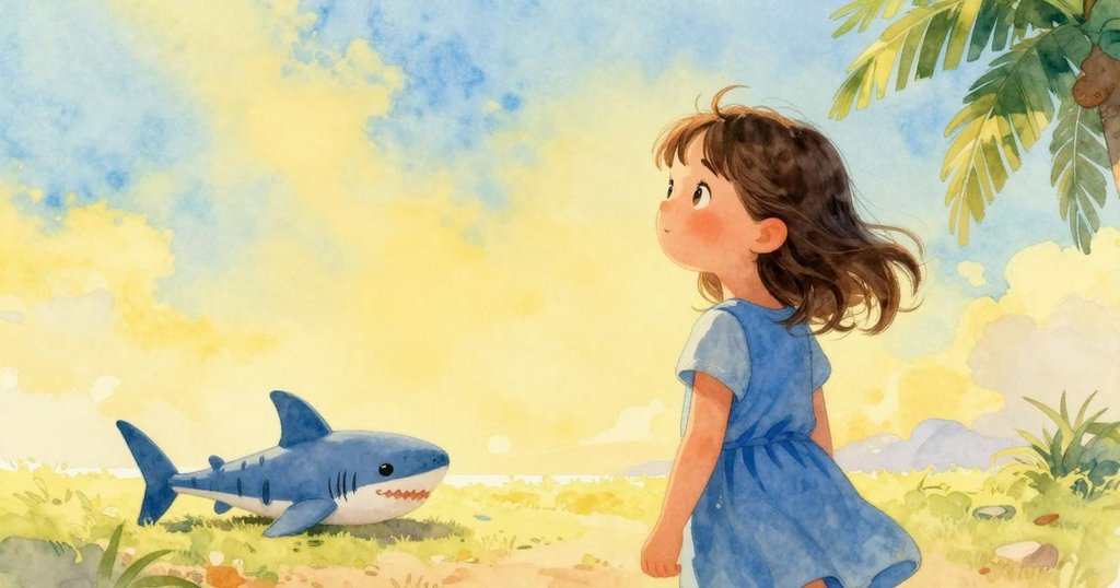 Marisol展望著新的未來, 面向亮麗地平線, 背後玩具鯊魚悠然飄動, 呈現故事完結與新開始的氛圍