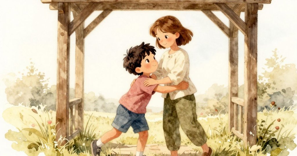 在溫暖陽光下，Trent和成人在木柵欄拱形入口處擁抱前行，草地環繞，兩人展現安心與喜悅情緒