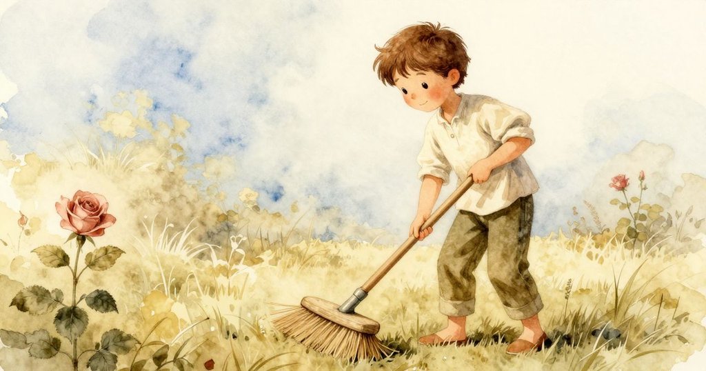 在柔和光線中，成人正用刷子掃動稻草，草地上清晰足跡顯現，桶子微光閃爍，氣氛溫暖動人