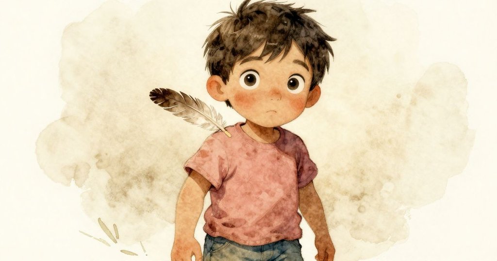 從低角度凝視，Trent臉上展露驚喜與柔情，一根羽毛輕落肩頭，背景中透出溫暖天際與鄉村風情