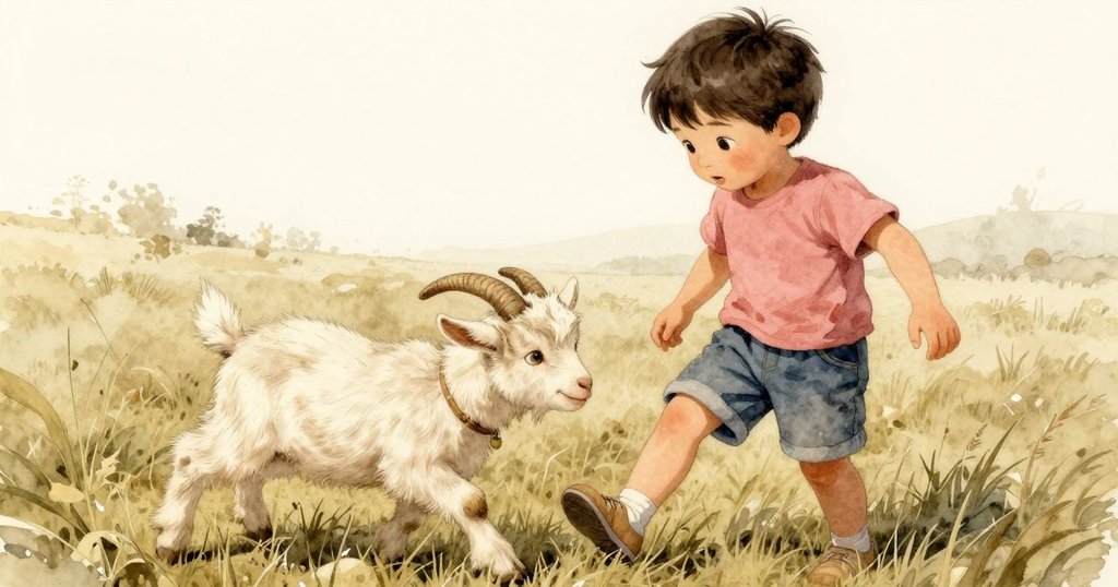 在戶外陽光中，小山羊輕觸Trent鞋子，搖動散落的稻草，草地生機勃勃，呈現活潑及溫暖互動