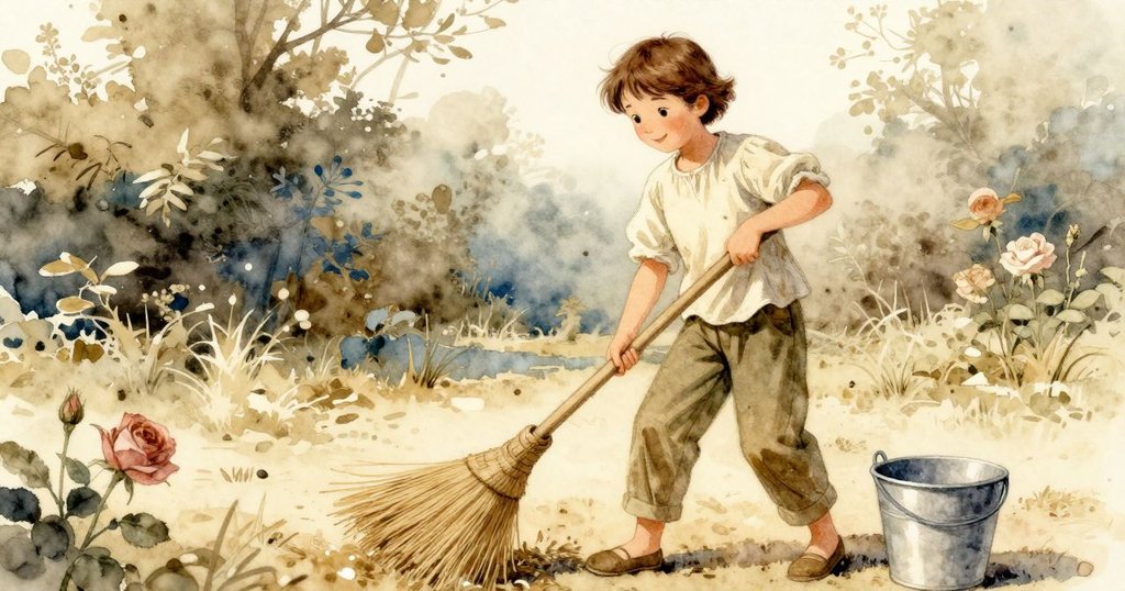 成人邊哼著旋律，動感揮動刷子掃動稻草，桶子閃耀在光線中，展現出流動的快樂與活力