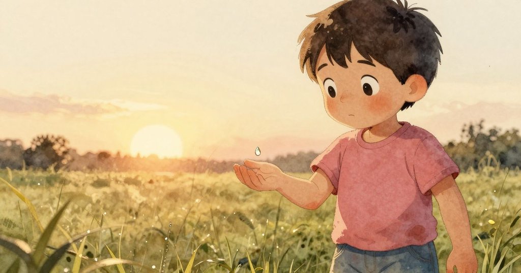 在金色夕陽下，Trent靜立於綠野中，手握晶亮露珠，夕光映照與寧靜氛圍交織，彷彿結束充滿神奇的一天