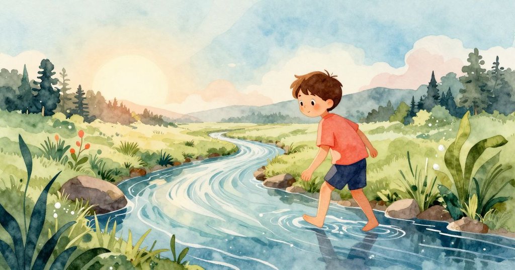 Cyrus正走向晨光中的溪流,腳邊有青苔點綴,表情充滿好奇與平靜,背景展現大自然的美好氛圍