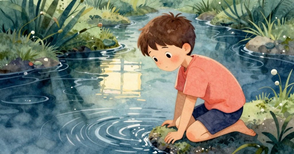 Cyrus蹲在溪邊透過水面倒影細看漂浮的頁面,眼神中流露出探索與驚奇,環境寧靜迷人