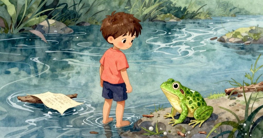 天氣略變,微風輕拂溪流,漂浮的頁面與樹皮順水而行,Cyrus靜靜觀察,氛圍清新動人