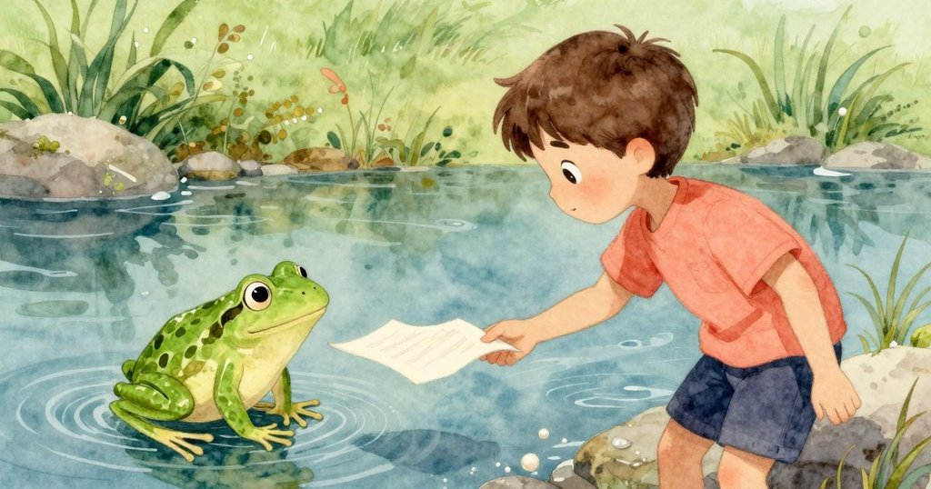 Cyrus與綠蛙在溪邊溫柔互動,漂浮的頁面如小船般傳遞彼此好奇與感動,場景充滿暖意