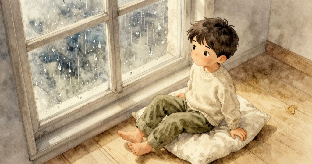 約克靜靜坐在窗邊墊子上,窗外雨滴滑降,從鳥瞰角度呈現溫馨室內與窗戶情景