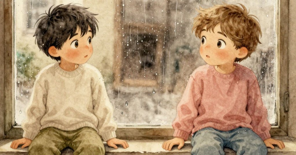 特寫玻璃窗上,一顆雨滴閃著光芒緩緩滑落,突顯出窗面獨特紋理與柔和光線