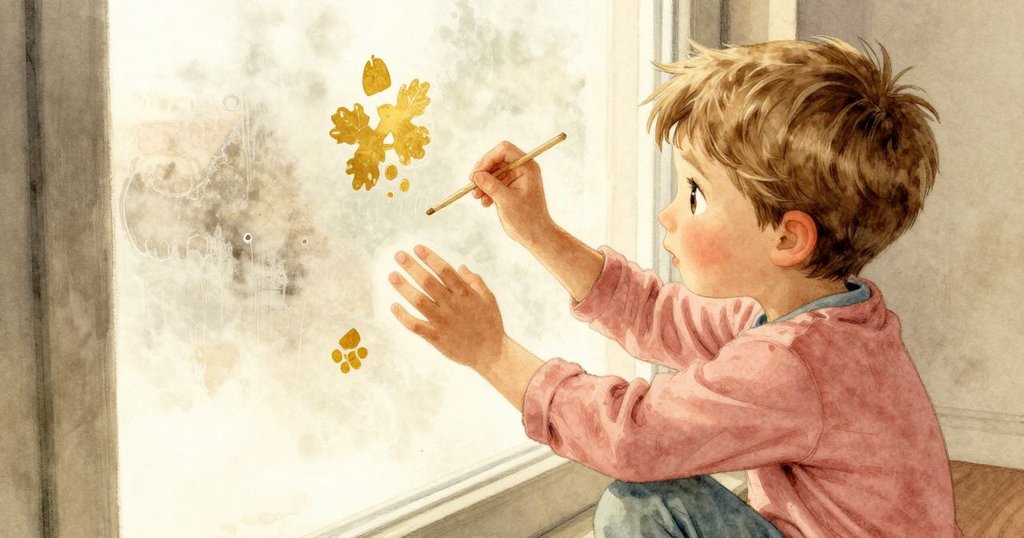 澤克從高處視角呈現,他在霧氣窗上貼上鮮亮貼紙,貼紙隨風飄落,展現活潑互動