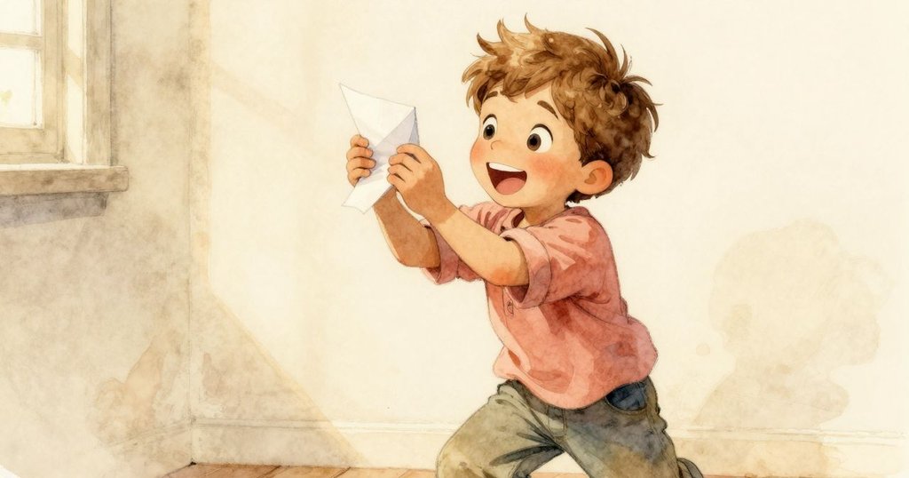 澤克在溫暖光線中笑著摺紙成球,動作輕快展現室內時光流逝與快樂心情