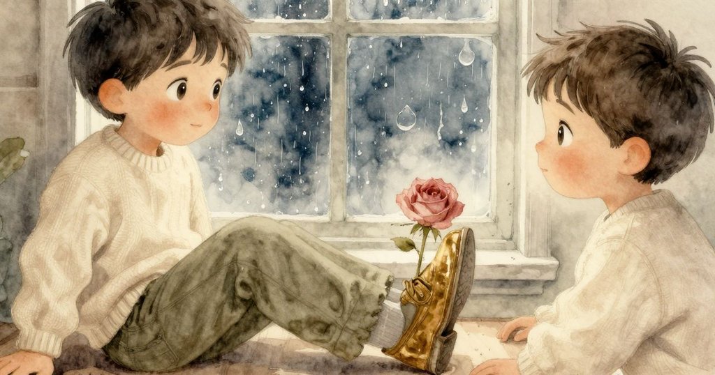 約克鞋上輕覆塵埃,新一滴雨慢慢滑落窗戶,表達寧靜結束與告別情懷