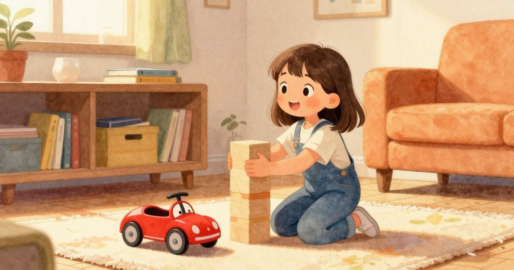 Flora在家中溫馨房間跪著，抬起積木露出蠟筆塵，紅色玩具車放在柔軟墊上，晨光輕柔灑進室內