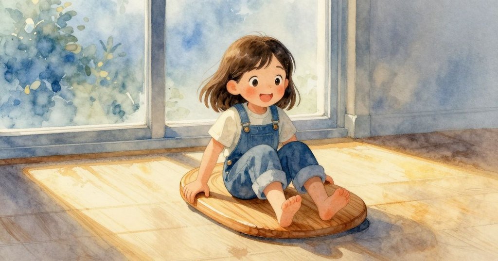 透過大窗戶見到Flora滑動木製環，地板上投下她的影子與倒影，藍色與金色光芒交融