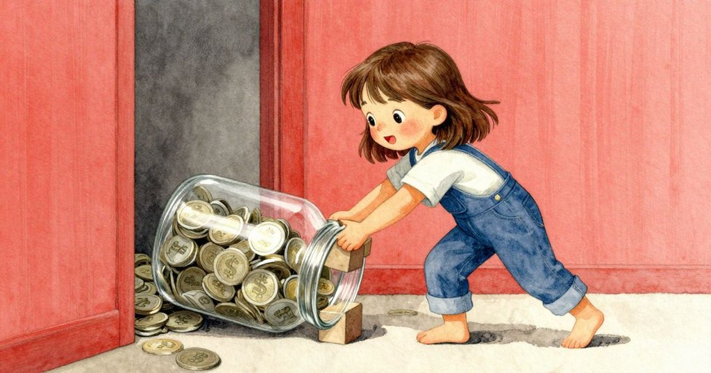 在隱蔽角落中，Flora正用積木托起沉重玩具錢罐，使墊上微弱環形紋路顯現，表情堅定