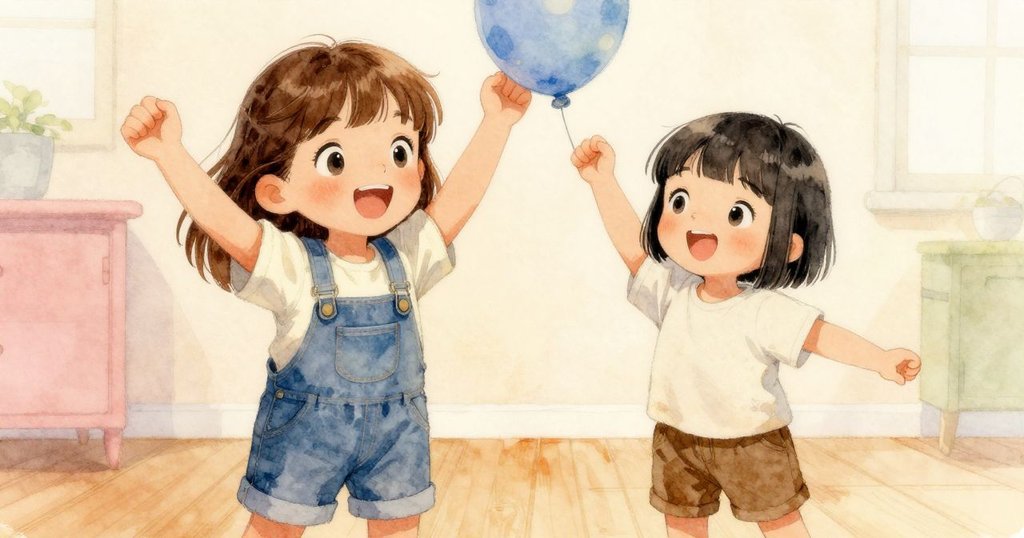 Flora與另一孩童快樂互動，共同玩耍藍色陀螺，臉上洋溢出歡樂笑容，氛圍明亮而溫暖