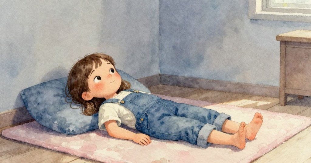 Flora結束探索後安坐於柔軟墊上休息，藍色陀螺靜臥旁邊，溫暖燈光與柔和陰影營造平靜感