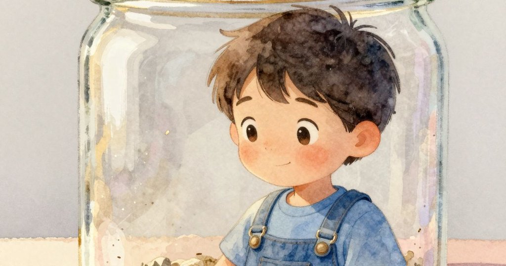 艾力斯輕觸著玻璃罐邊緣，近拍展示罐內褪色紙張與細微沙粒，光線柔和，充滿細節探索。