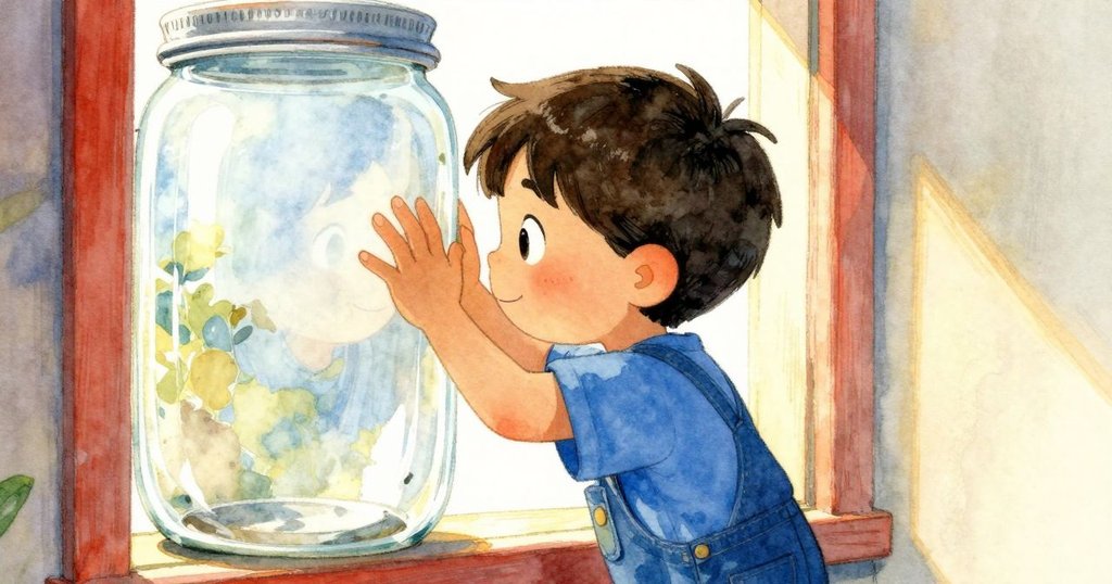 艾力斯站在玻璃罐後透過反光看外面海灘，光線穿透玻璃，展現出朦朧夢幻的景致，表情滿懷好奇。