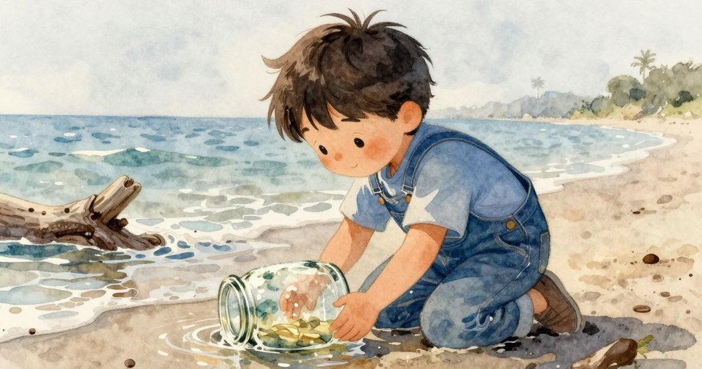 艾力斯彎身觀察部分浸在潮水中的玻璃罐，水中漂浮著暗色木根，陽光透過水面折射，畫面充滿探索情趣。