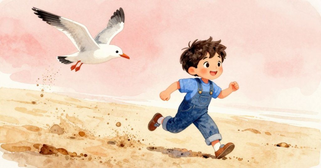 艾力斯在沙灘上奔跑追逐飛翔海鷗，動作生動，沙粒隨風飛舞，陽光下展示出充滿活力的追逐場景。