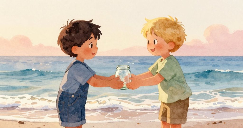 艾力斯與貝莉在濕潤的海邊交換玻璃罐，彼此微笑流露感動，海浪輕拂沙灘，畫面溫馨而平和。