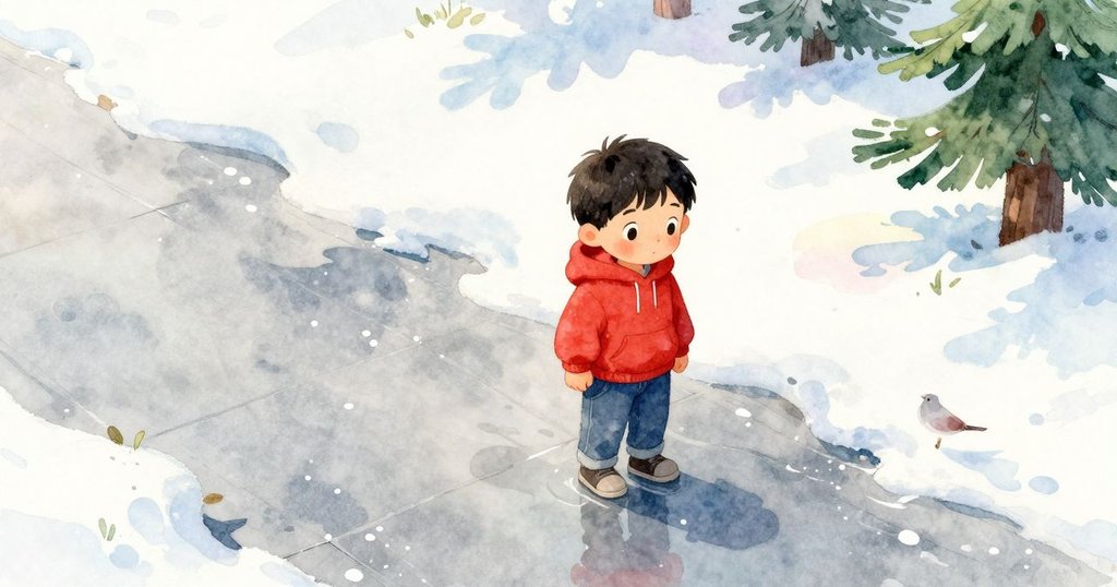 從鳥瞰圖看見Max蹲在濕潤的石板上，水坑中漂浮著彩色落葉，清晨柔和光線下展開故事序幕