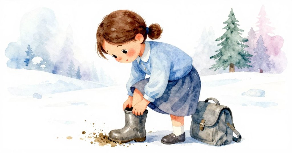 老師在門口彎腰擦拭泥濘靴子，旁邊放著小書包，溫柔光線襯托著戶外門口情景