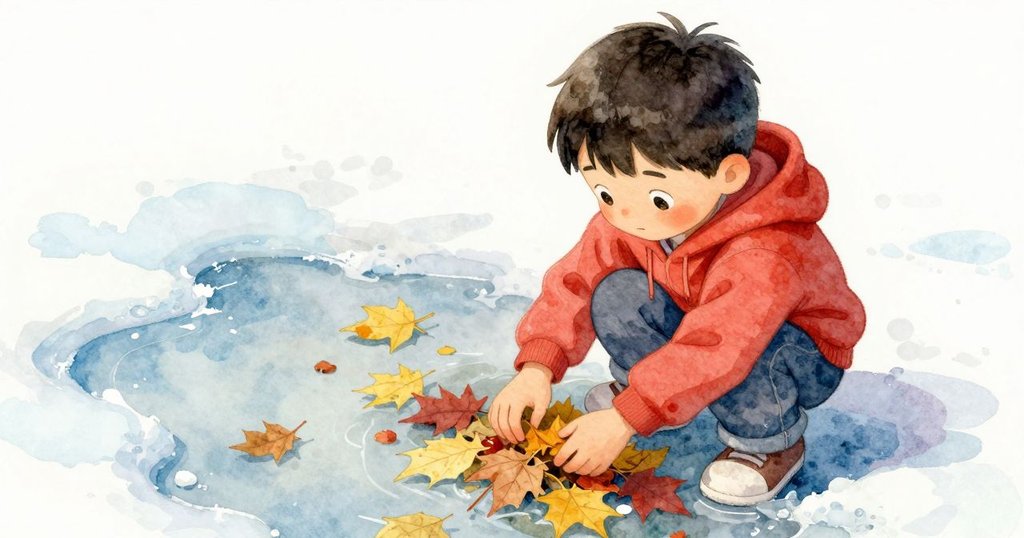 從高角度看見Max專注地排列落葉，黃色和紅色落葉在濕潤石板上排列整齊，充滿細緻動作