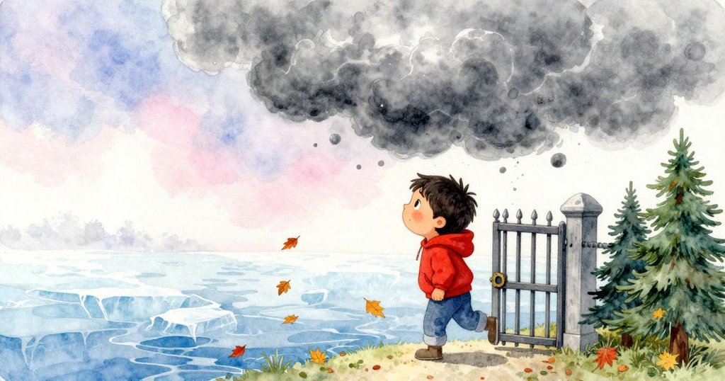 灰色暴風雲從大門上方漂過，秋天落葉在水面上游動，營造出季節更替的深沉氛圍