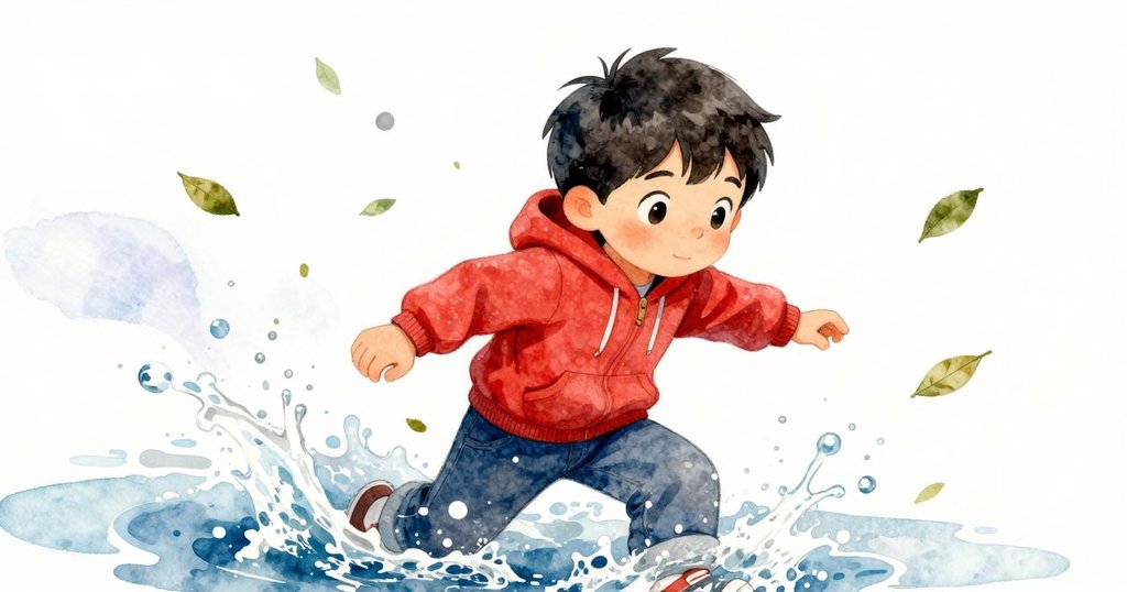 Max驚訝地停下動作，看到落葉因水花而散開，他的神情充滿意外與堅定，環境中濕潤石板清晰可見