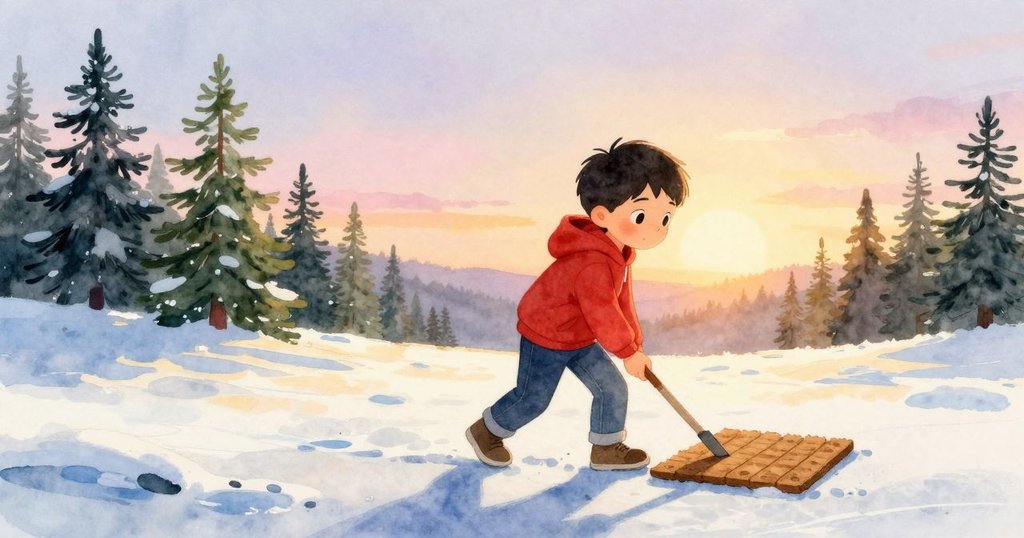 在夕陽金色餘暉中，Max拖動粗糙門墊並輕輕抖落泥土，精心擺放濕潤落葉，門前排水孔閃耀著柔和光芒