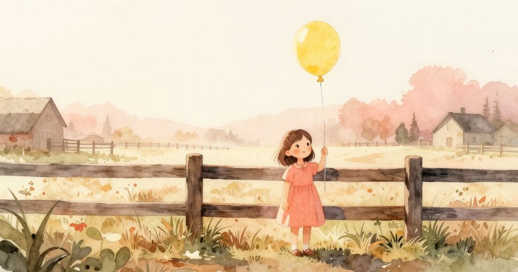 露比在農場晨曦中站於木柵欄旁，手臂輕扶黃色氣球，表情充滿期待與溫暖