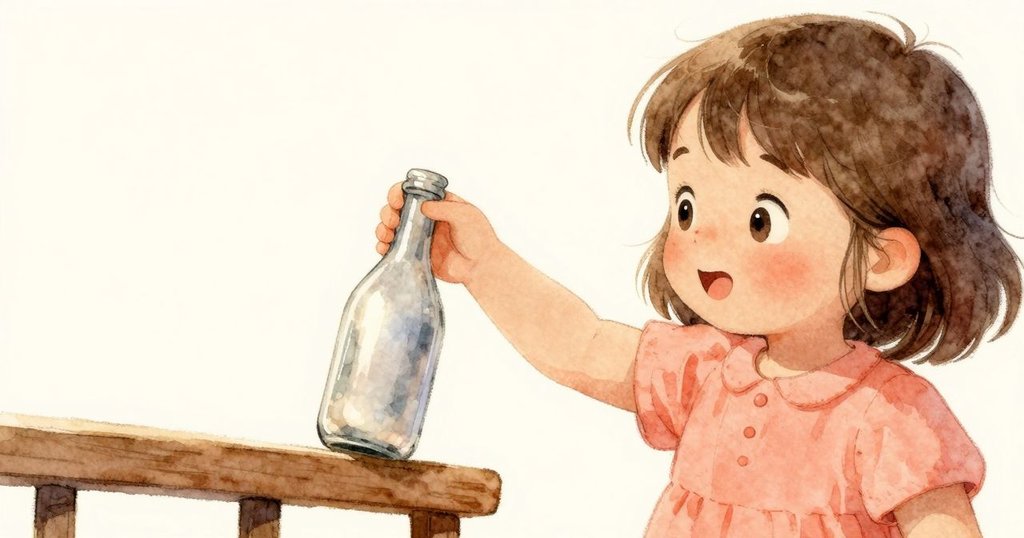 露比專注地撿起閃亮銀瓶，細節展現手部溫柔動作，背景中透露木柵欄質感