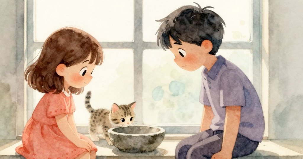 小貓在鄉村屋內透過窗戶嗅探空石碗，柔和光線灑入室內，呈現出寧靜渴望情景