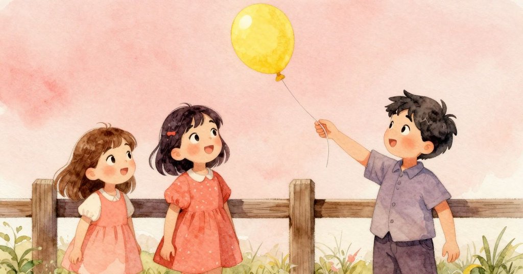 露比與拉菲注視風中搖曳之黃色氣球撞上木柵欄，風起葉動散發自然驚奇氣息