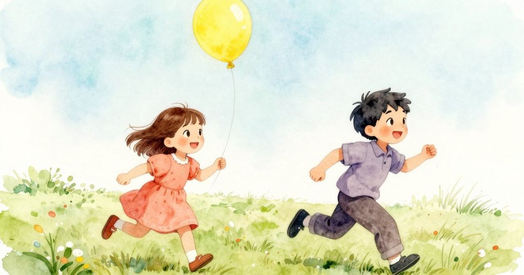 露比與拉菲在廣闊田野中奔跑追逐高飛氣球，動感十足，洋溢著愉悅與活力