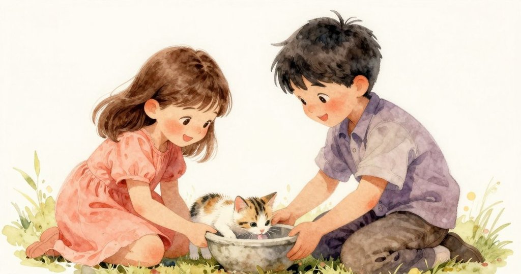 傍晚時分，小貓快樂飲水，露比與拉菲相聚相視而笑，溫柔夕陽下水面微漣展現平靜情懷