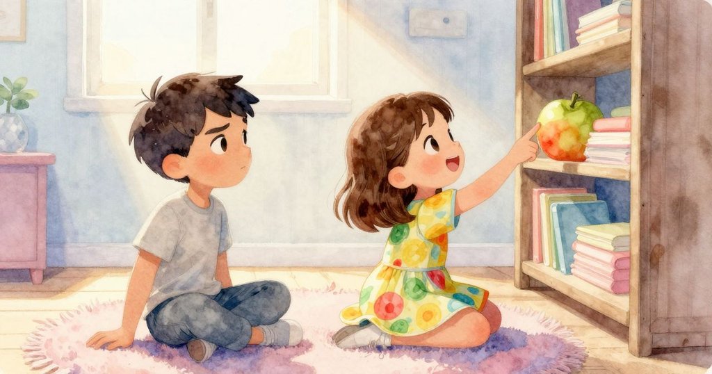 Troy 坐在厚地毯上,Iris 握著鮮豔水果書指向高架上的玩偶羊,室內晨光柔和,氛圍溫馨