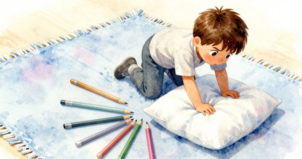 高角度鏡頭中,Troy 攀登小枕頭,彩色鉛筆散落地毯,展現冒險中的動態與活力