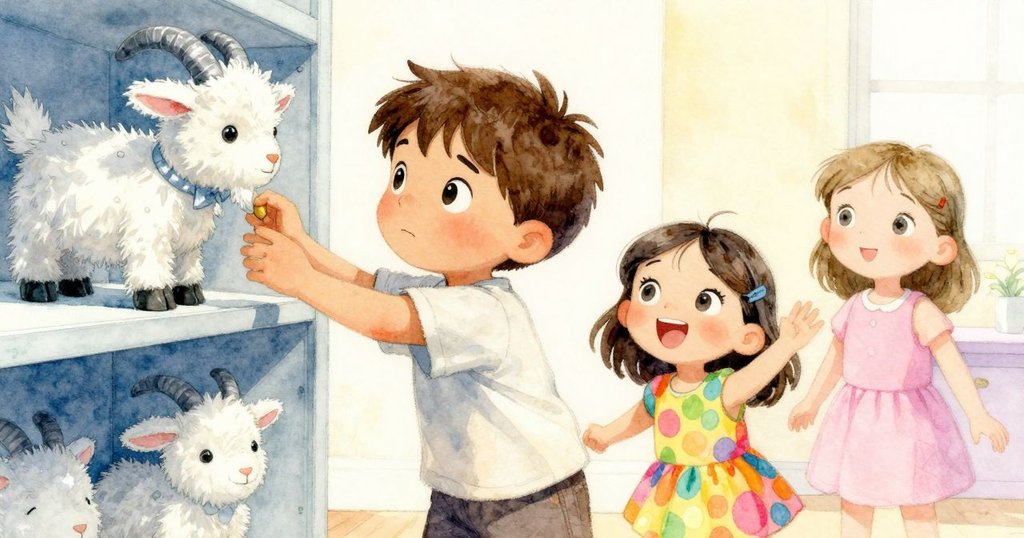 Troy 小心伸手拿取架上玩偶羊,Iris 在後方露出溫暖笑容,展現謹慎與支持的瞬間