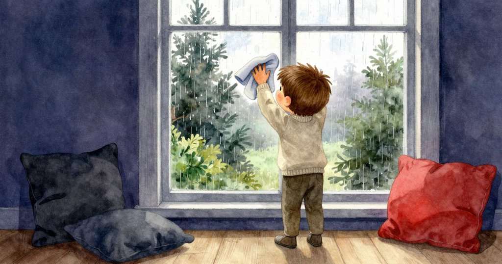 小男孩在大窗前用布擦拭圓形痕跡, 室內溫馨, 外面細雨輕敲, 氣氛寧靜, 敘事剛開始