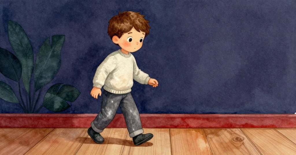 小男孩輕移布料, 露出木地板上的足跡, 光線柔和, 展現行動瞬間, 敘事逐步展開