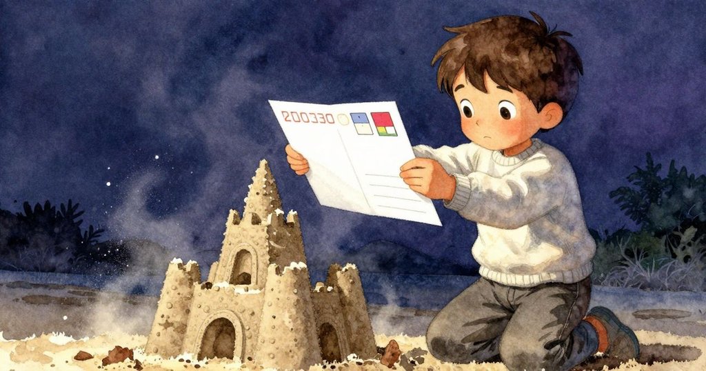 小男孩舉起明亮明信片, 展現下方砂堡細微結構, 如同小生物視角, 灰塵繚繞, 情節達到高潮