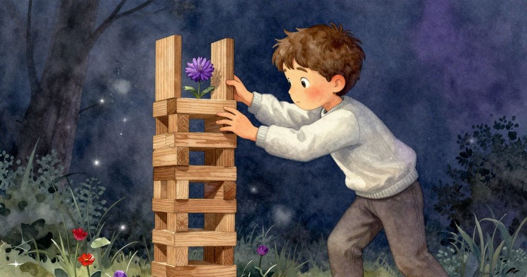 小男孩傾動木塔, 灰塵飛舞中露出下方紫色花朵, 神秘靜謐, 表現細微動作, 敘事進入發現階段