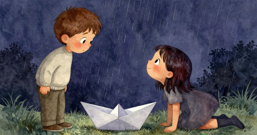 小男孩調整靠墊折出紙船, 小女孩仰望窗外細雨, 彼此互動情感真摯, 展現驚奇瞬間, 敘事達到高潮