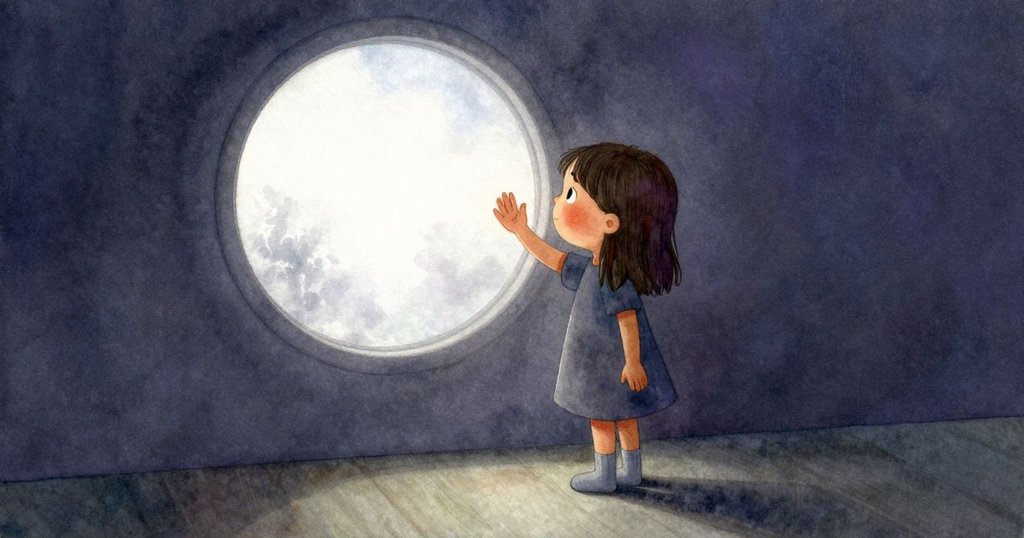 小女孩在霧氣中溫柔揮手告別, 室內充滿夢幻柔光, 呈現別離之美, 敘事平和結束