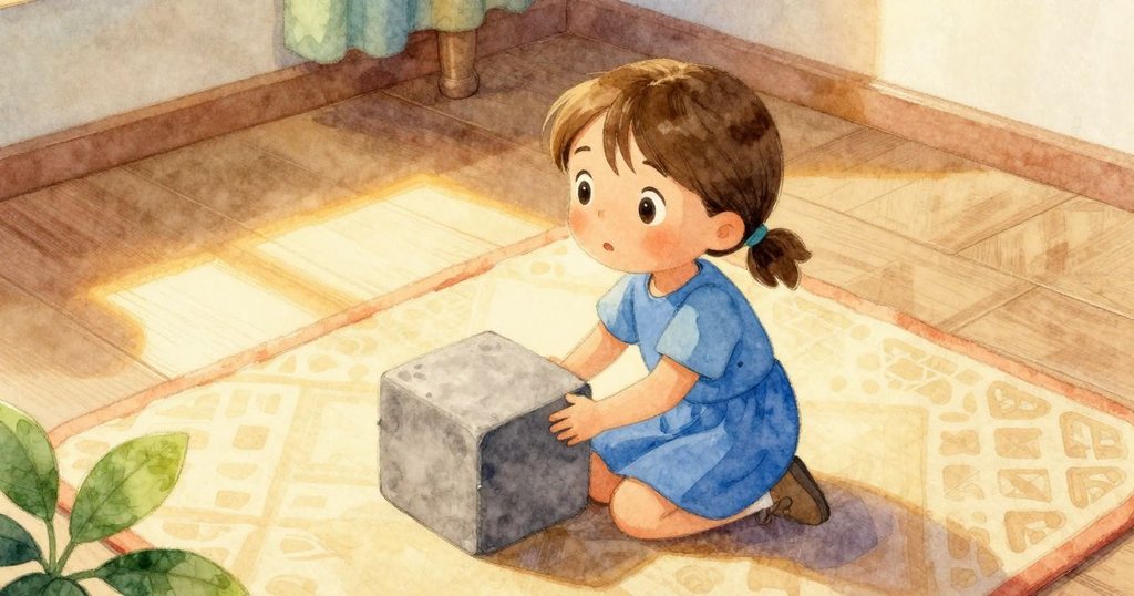 Xanthe在溫暖室內的地墊上起步, 從高空俯瞰灰色大積木, 陽光灑落, 表情專注勇敢開始冒險